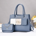 Blue textured leather handbag set with matching crossbody bag and gold chain detail - Blue