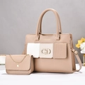 Detail view of multi-layer contrast color tote and crossbody bag set in beige and cream - Khaki
