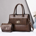 Detail of dark brown tote bag set with textured PU leather and metallic CD buckle - Coffee