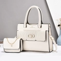 Chic beige tote and chain pouch set with gold hardware and stylish metal clasp - White