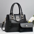 Fashionable black crocodile embossed tote bag set with golden hardware and shoulder strap - Black