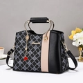 Women's color block handbag with D-letter print, gold handles and red heart charm - 26x14x20cm / Black