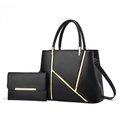 Elegante conjunto de bolso tote y cartera de cuero PU negro con adornos dorados - Juego de Dos Piezas / Negro
