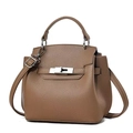 Detailansicht der braunen Handtasche aus Litschi-Leder mit silbernem Drehverschluss-Schloss - Khaki