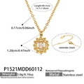 Detail of gold stainless steel necklace featuring a radiant sunflower pendant and size specs - Sun Flower White Zirconia Necklace (P1521)