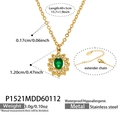 Gold stainless steel necklace with emerald green oval zircon pendant and white crystals - Sun Flower Green Glass Stone Necklace (P1521)
