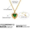 Macro shot of 316L stainless steel heart pendant with green gemstone and dimensions - Heart Green Glass Stone Necklace (P1522)