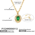Gold plated stainless steel necklace featuring green zircon pendant and white rhinestones - Oval Green Glass Stone Necklace (P1524) / 40+5cm / Gold