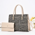 Ensemble sac cabas à motif géométrique noir et blanc avec pochette beige et détails dorés - Kaki