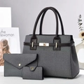 Set de 3 bolsos de tela tejida gris con bolso tote grande, cartera de mano y tarjetero chic - Negro