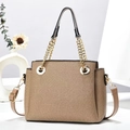 Detail of khaki twill woven tote bag featuring black leather handles and gold chain accents - 22cmx11cmx18cm / Dark Khaki