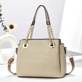 Fashionable beige woven handbag with brown leather straps and gold chain details - 22cmx11cmx18cm / Light Khaki