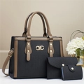Three-piece striped tote bag set in black and brown textured leather with golden logo - Black