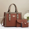 Three-piece brown striped handbag set featuring tote, wallet and card holder - Earthy Yellow