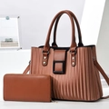 Brown pleated texture handbag with matching long zipper wallet and black square buckle - L29xW13xH20 / Earthy Yellow