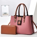 Ensemble sac à main rayé rose et marron avec portefeuille à fermeture éclair assorti - L29xP13xH20 / Rose