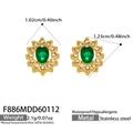 Detail of green emerald-style stud earrings with gold stainless steel and zircon halo - Sun Flower Green Glass Stone Stud Earrings (F886) / Gold