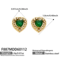 Detail of heart stud earrings with green zircon and gold stainless steel frame - Heart Green Glass Stone Stud Earrings (F887) / Gold