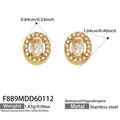 Golden stainless steel oval stud earrings with clear zircon center and pavé halo - Oval White Zirconia Stud Earrings (F889) / Gold