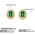 Detail view of gold stainless steel oval earrings with green stone and size specs - Oval Green Glass Stone Stud Earrings (F889) / Gold