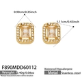 Waterproof gold plated stainless steel rectangular stud earrings with zircon crystals - Square White Zirconia Stud Earrings (F890) / Gold