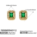 Detail of gold rectangular earrings with green stone and white cubic zirconia accents - Square Green Glass Stone Stud Earrings (F890) / Gold