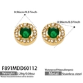 Detailed view of green zircon stud earrings with measurements and stainless steel material - Round Green Glass Stone Stud Earrings (F891) / Gold