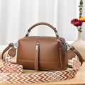 Brown lychee leather crossbody bag with top handle and geometric patterned fabric strap - L24xH14xW10cm / Brown