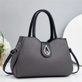 Chic macaron-style grey fabric handbag with black leather handles and teardrop metal lock - L32 W14 H22 / Black