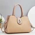 Chic beige woven handbag with tan leather trim and elegant silver teardrop twist lock - L32 W14 H22 / Khaki