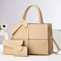 Three-piece apricot faux leather tote set with crossbody strap and litchi texture - Khaki