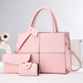 Pink 3-piece faux leather tote bag set with lychee texture and gold hardware accessories - Pink