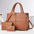 Detailed view of 3-piece brown litchi pattern bag set including tote and wallet - Earthy Yellow