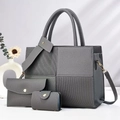 Three-piece grey striped tote bag set with matching clutch and card holder in premium PU - Gray