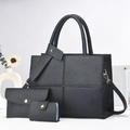 Three-piece black leather tote bag set with crossbody strap and gold hardware accents - Black