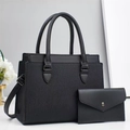 Black striped tote bag set with matching envelope pouch and detachable shoulder strap - Black