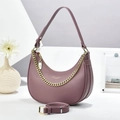 Detail of purple crescent shoulder bag with pebbled leather and gold chain strap - Purple