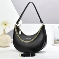 Elegant black crescent shoulder bag with gold chain and pebble leather texture - Black