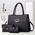 Three-piece black lychee pattern handbag set with gold hardware for elegant commute - Set of 3 / Black