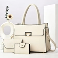Chic 3-piece set off-white PU leather handbag with black trim and gold hardware - Set of 3 / Off White
