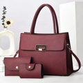Three-piece set of burgundy litchi-grain leather handbags with elegant gold hardware - Set of 3 / Wine Red