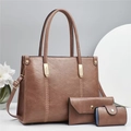 Three-piece women's tote bag set in coffee brown leather with stylish stitching - L30 W12 H24 / Pink