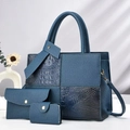 Three-piece dark blue tote set with textured crocodile print and smooth PU leather details - Blue