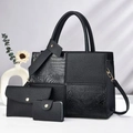 Dreiteiliges schwarzes Damen-Taschenset mit Krokodilprägung und Goldbeschlägen - Schwarz