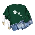 Flat lay of dark green crewneck sweatshirt with white turtle prints and denim jeans - Dark Green (White Font)