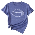 Detail of blue Game Day t-shirt featuring rugby graphic and stylish front hem knot - Retro Blue (White Font)
