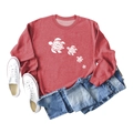 Flat lay of red long-sleeve sweatshirt featuring white sea turtle prints and denim shorts - Red (White Font)