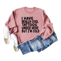 Flat lay of pink sweatshirt with humorous text, blue jeans and white canvas sneakers - S / Rose Gold