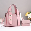 Pink and white patchwork tote bag set with detachable strap and golden metal buckle - Pink