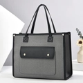 Minimalist grey canvas tote bag with black leather trim and large capacity for daily use - Black